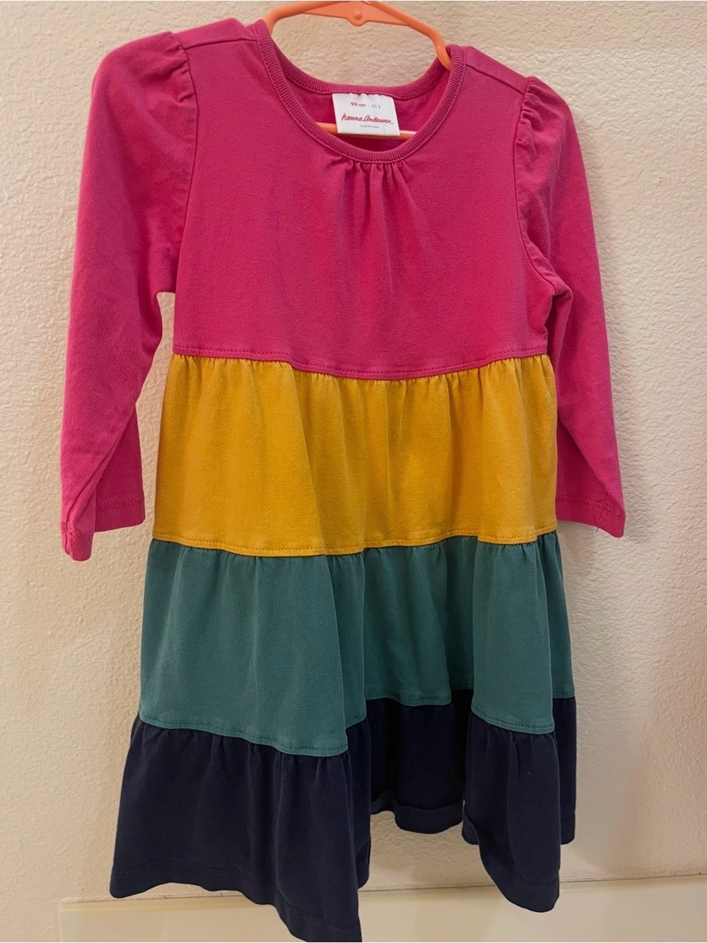 Lot of 2 sz 3 Hanna Andersson Pink, Yellow, Teal & Navy Tiered Long-Sleeve Dress